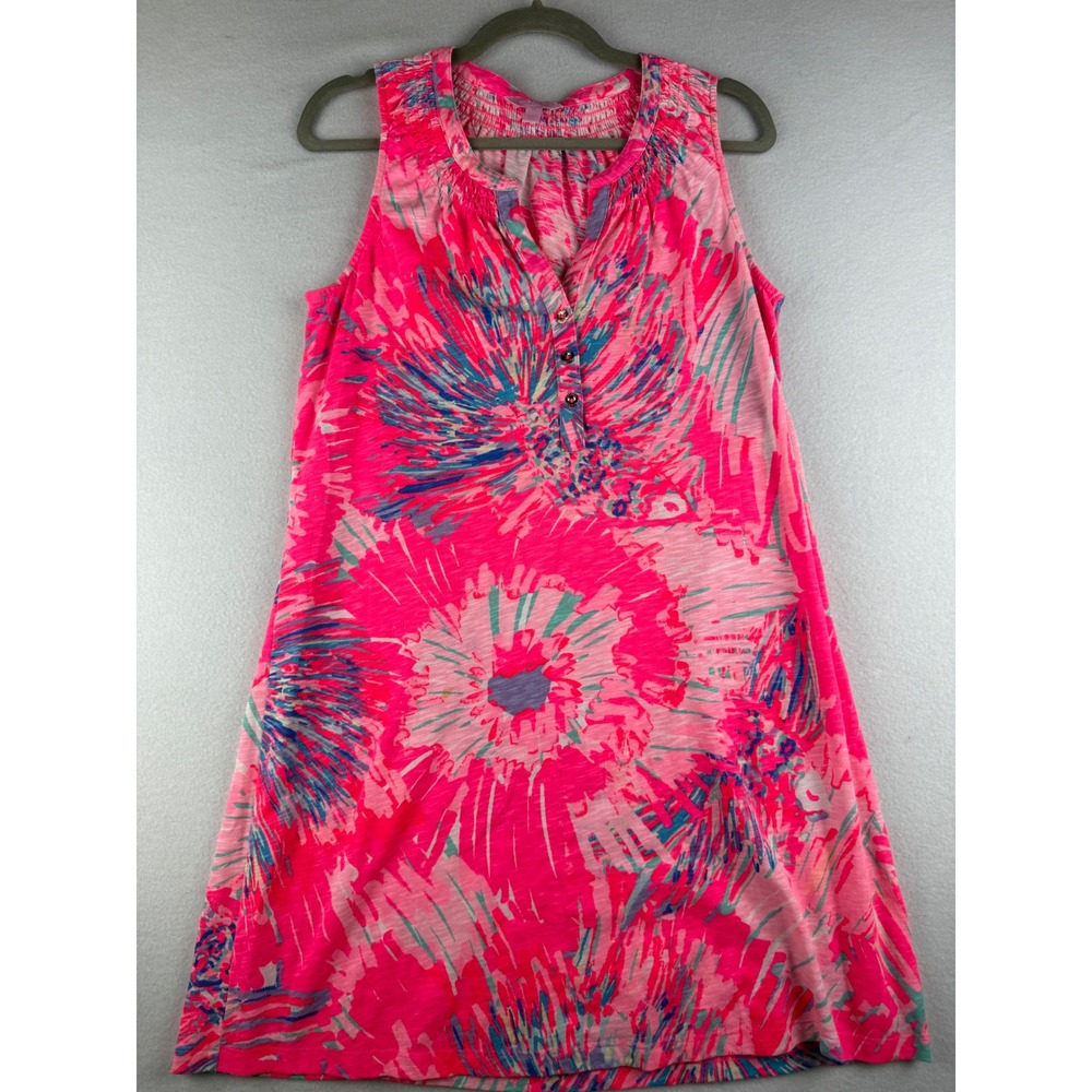 Lilly Pulitzer Pink Abstract Floral Smocked Sleeveless Cotton Modal Dress M